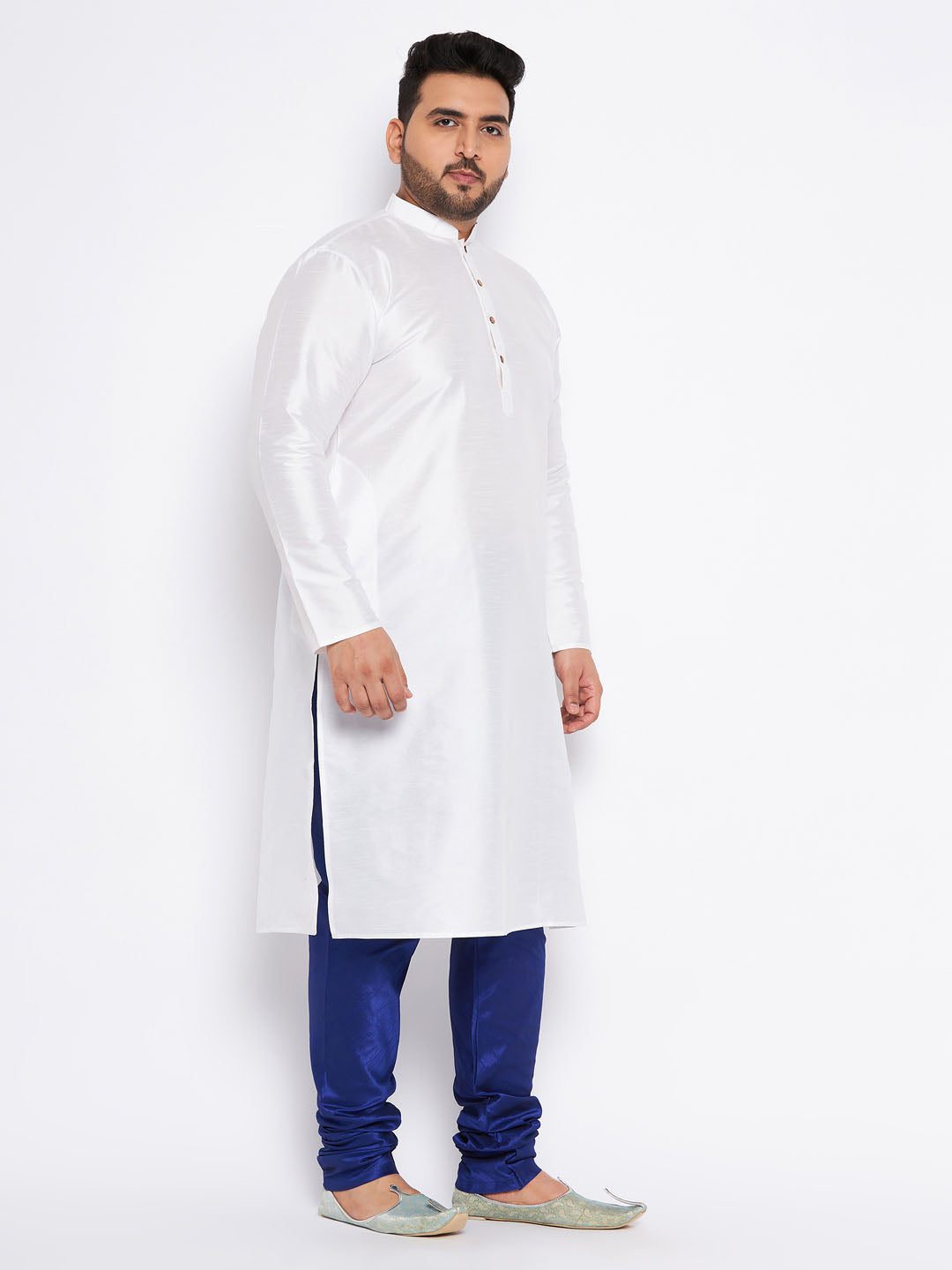 Men's Plus Size White Silk Blend Kurta And Blue Pyjama Set