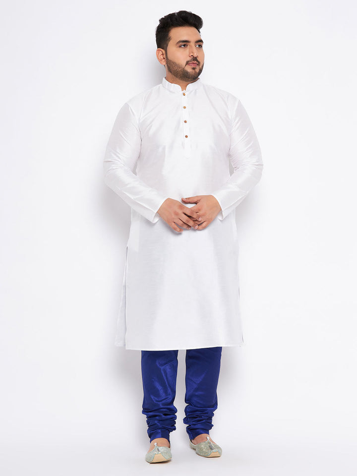 Men's Plus Size White Silk Blend Kurta And Blue Pyjama Set