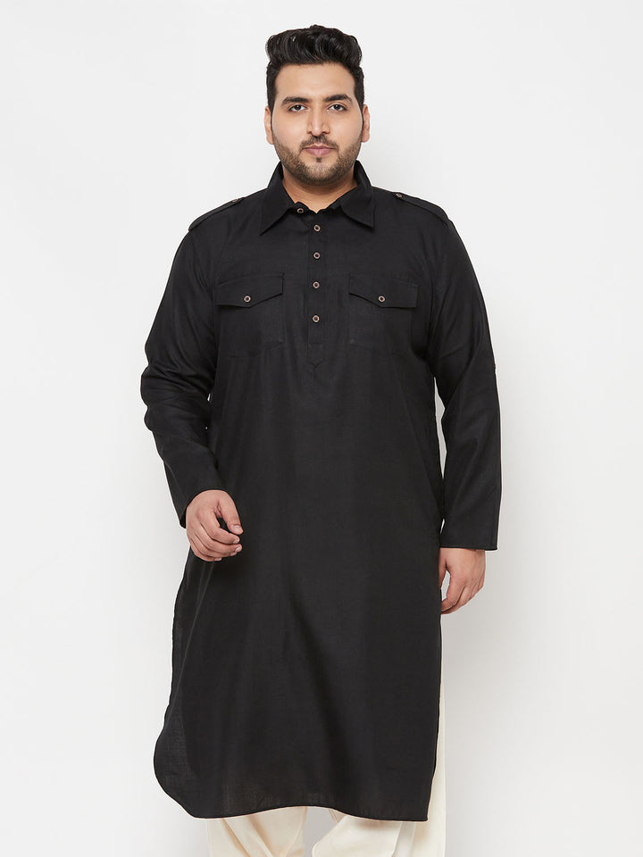 Men's Plus Size Black Cotton Blend Pathani Kurta