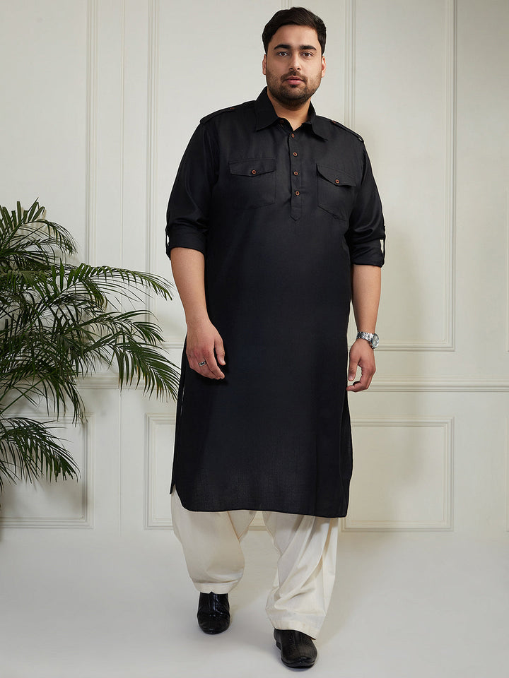 Plus Men's Black And Cream Cotton Blend Pathani Kurta Set