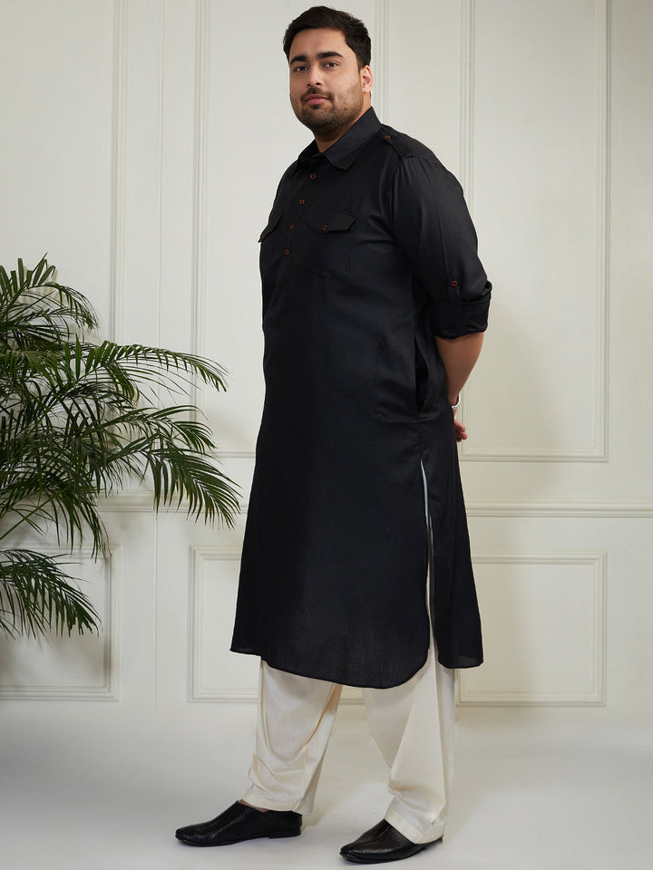 Plus Men's Black And Cream Cotton Blend Pathani Kurta Set