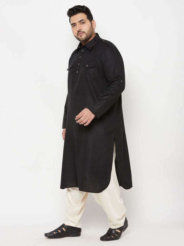 Men's Plus Size Black And Cream Cotton Blend Pathani Set