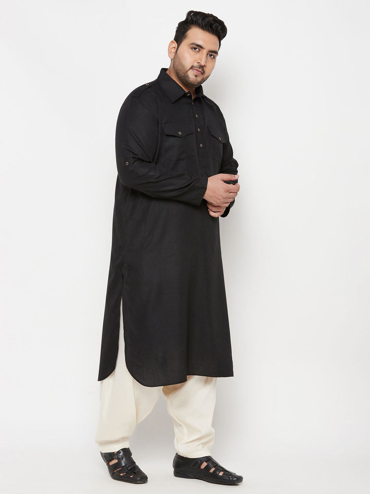 Men's Plus Size Black And Cream Cotton Blend Pathani Set