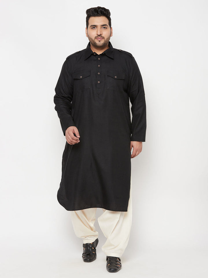 Men's Plus Size Black And Cream Cotton Blend Pathani Set
