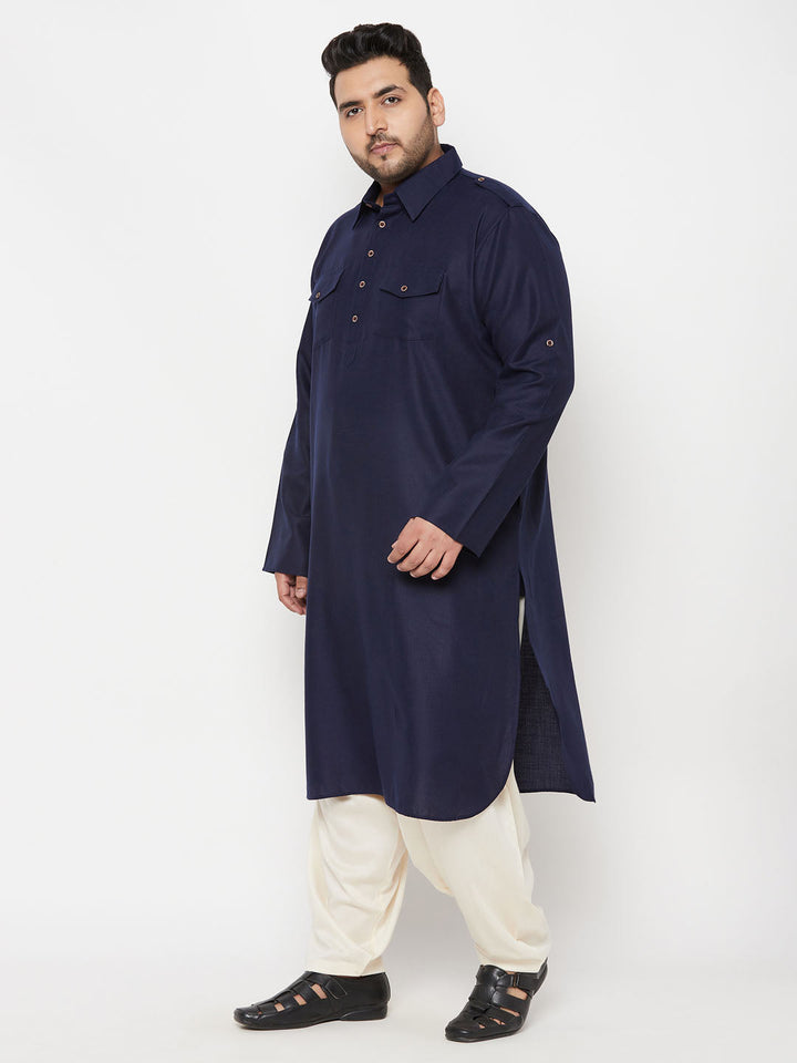 Men's Plus Size Blue And Cream Cotton Blend Pathani Set