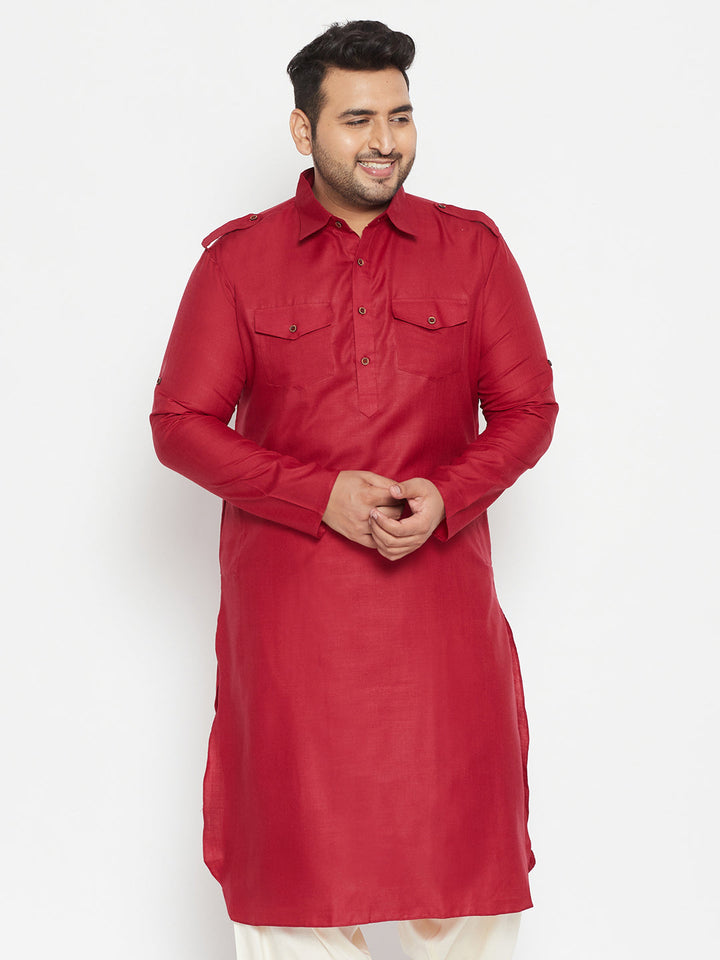 Men's Plus Size Maroon Cotton Blend Pathani Kurta