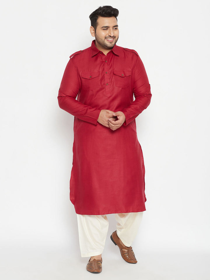Men's Plus Size Maroon And Cream Cotton Blend Pathani Set