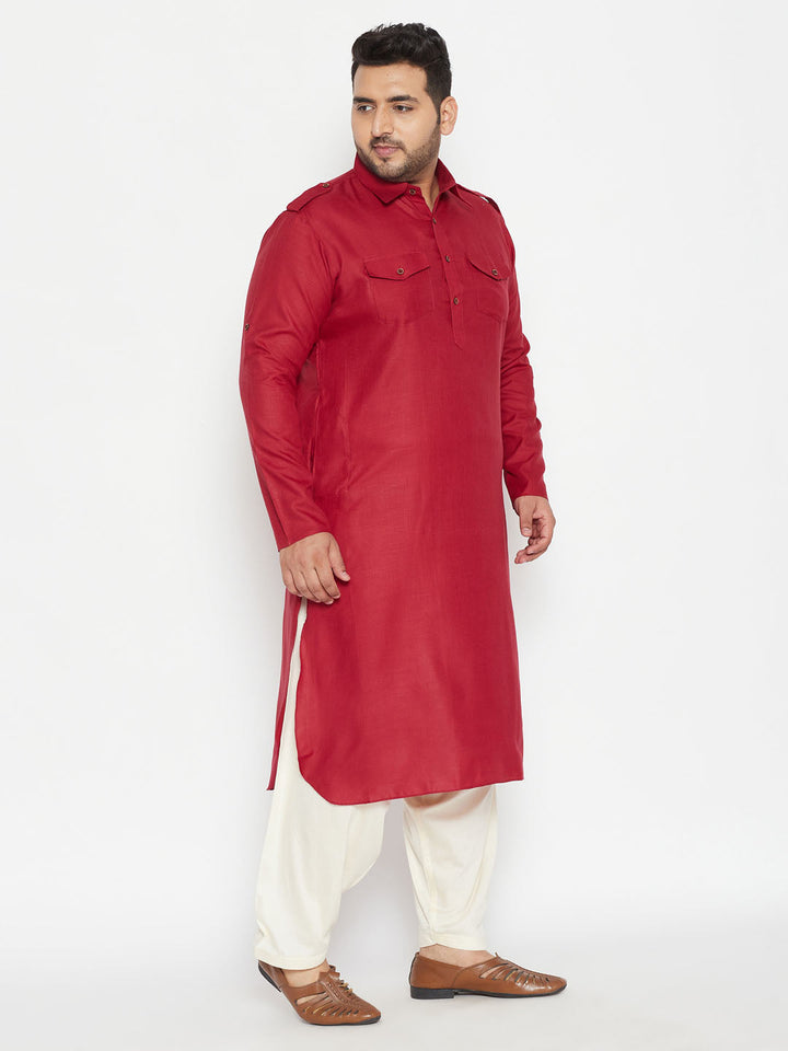 Men's Plus Size Maroon And Cream Cotton Blend Pathani Set