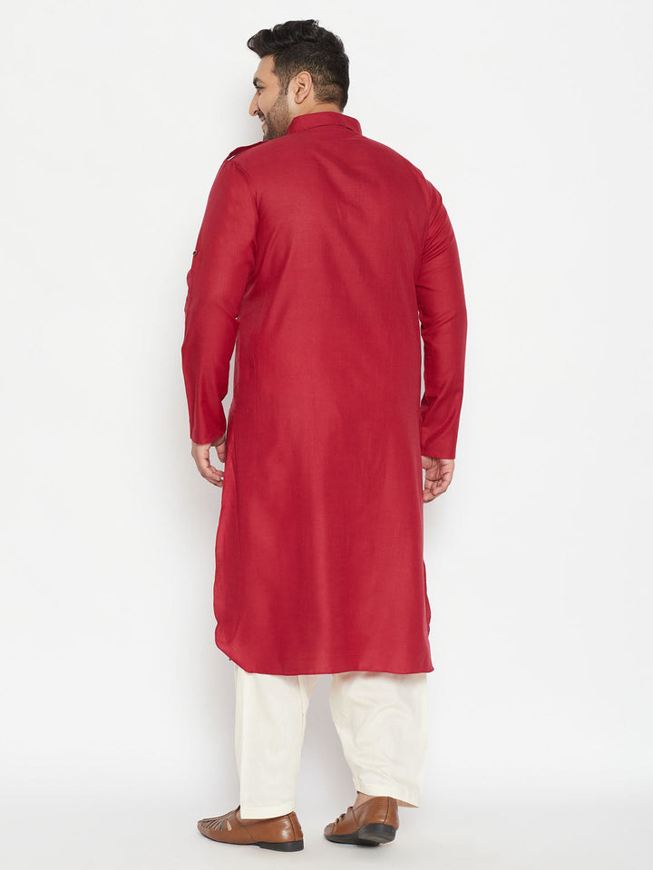 Men's Plus Size Maroon And Cream Cotton Blend Pathani Set