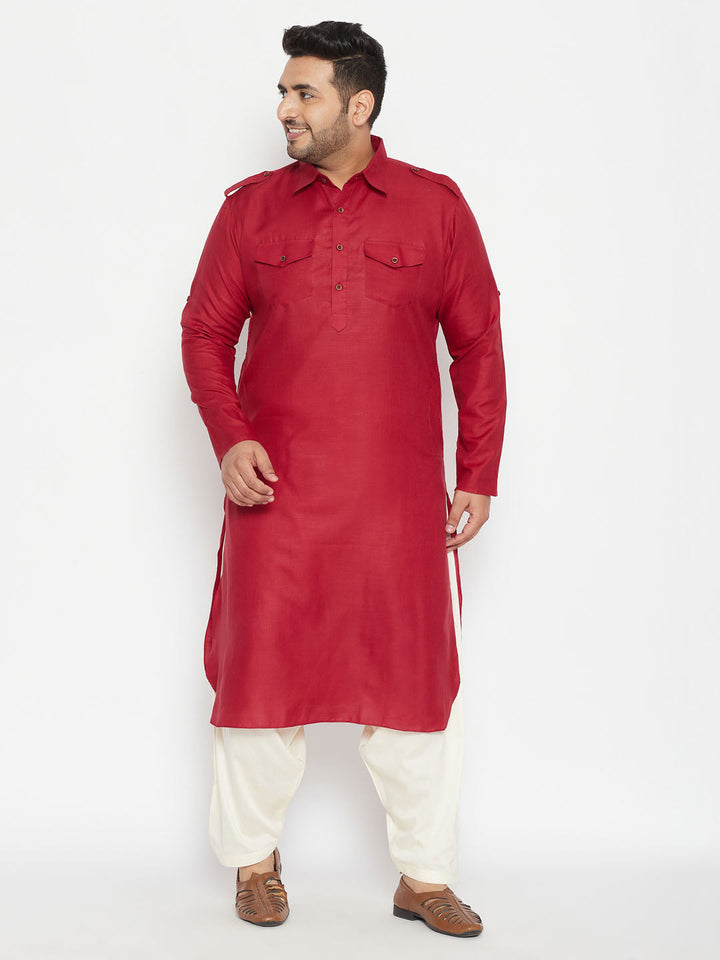Men's Plus Size Maroon And Cream Cotton Blend Pathani Set