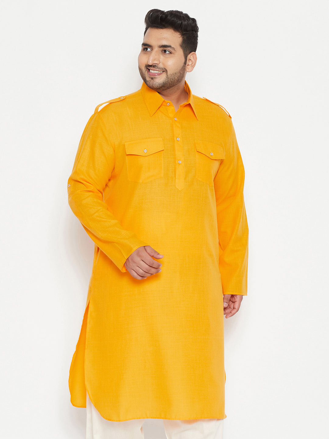 Men's Plus Size Mustard Cotton Blend Pathani Kurta