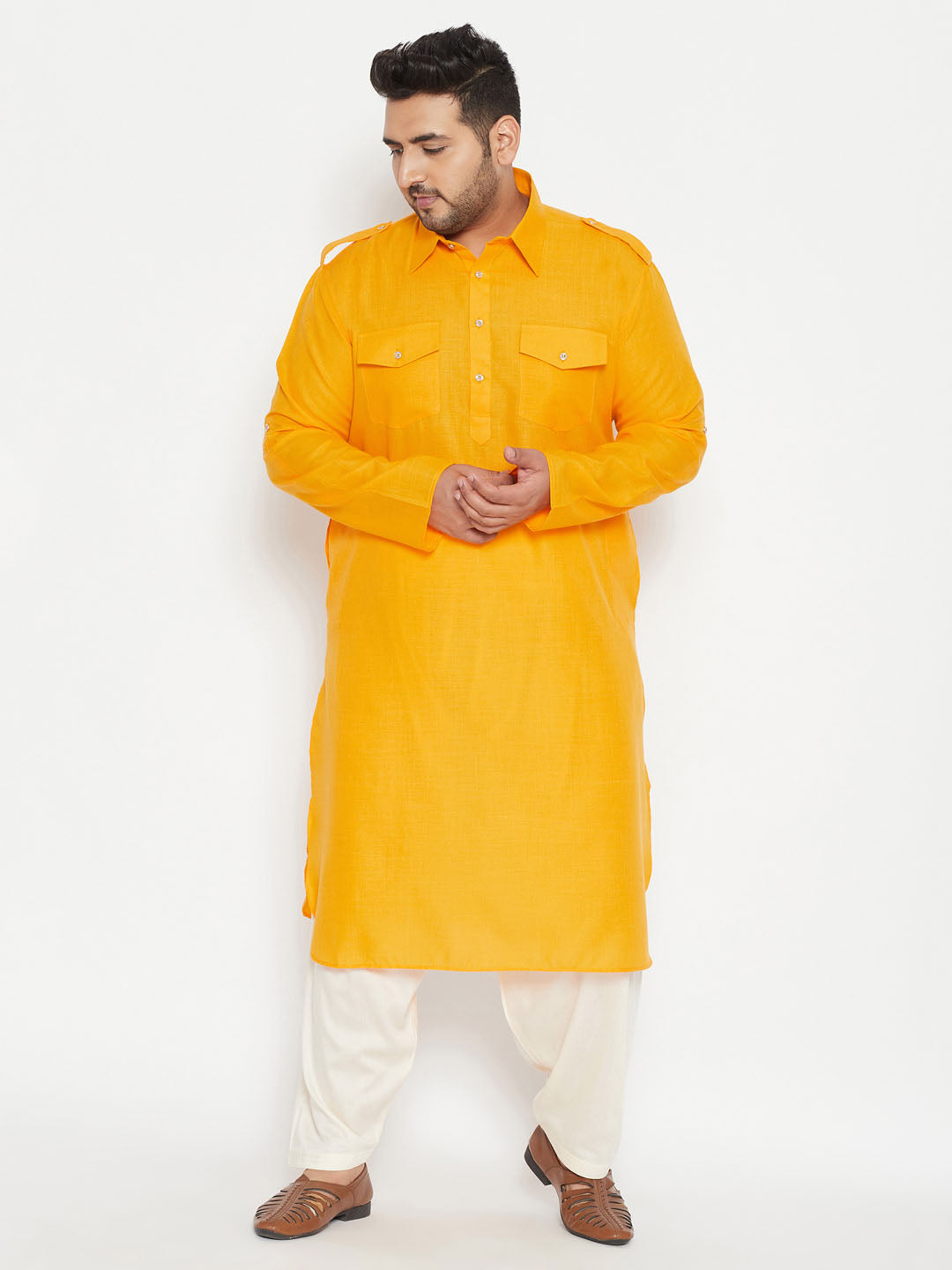 Men's Plus Size Mustard Cotton Blend Pathani Kurta