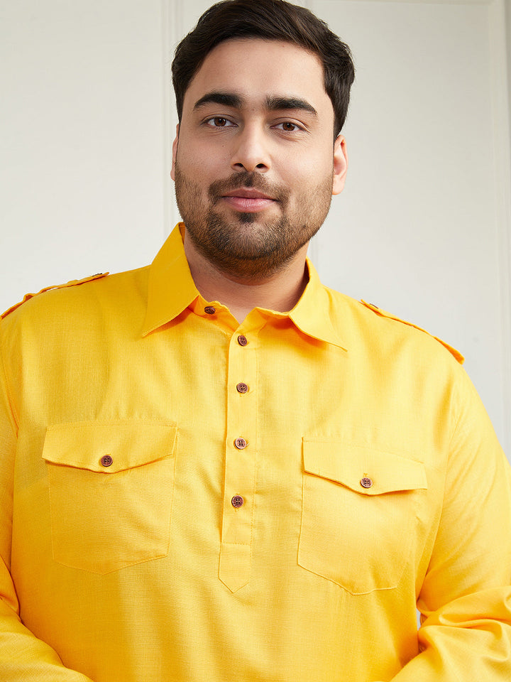 Plus Men's Mustard And Cream Cotton Blend Pathani Kurta Set