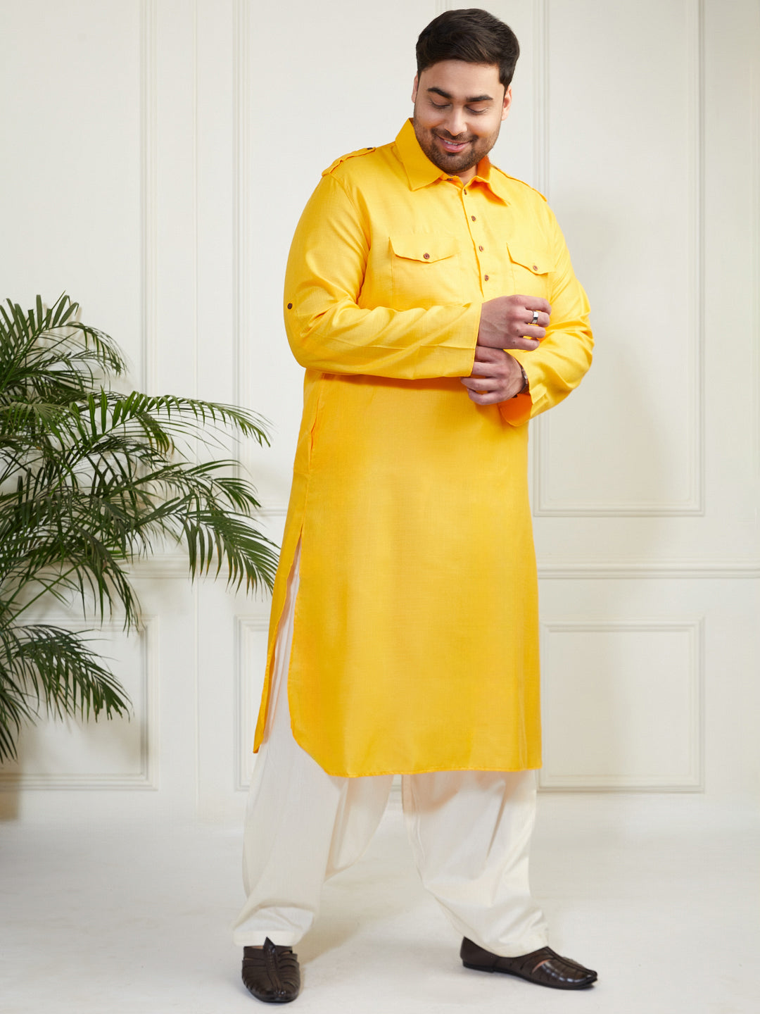 Plus Men's Mustard And Cream Cotton Blend Pathani Kurta Set