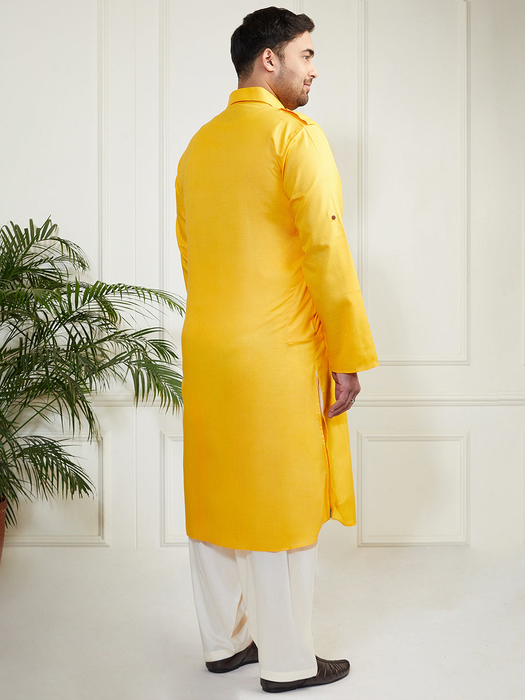 Plus Men's Mustard And Cream Cotton Blend Pathani Kurta Set