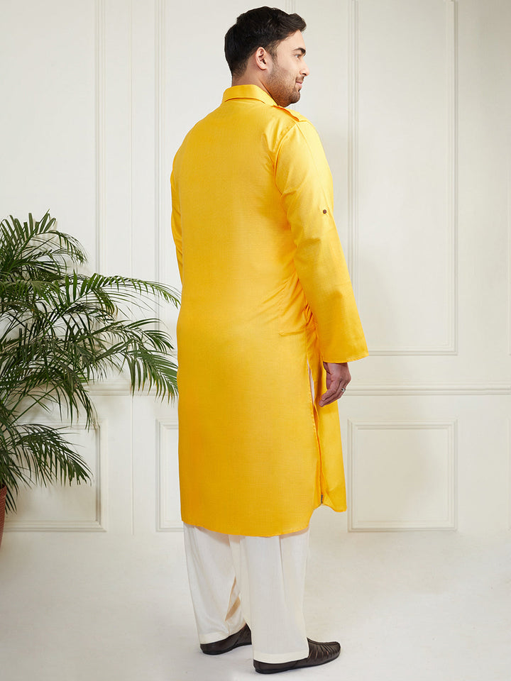 Plus Men's Mustard And Cream Cotton Blend Pathani Kurta Set