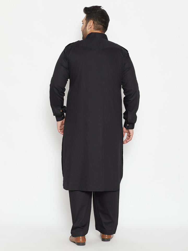 Men's Plus Size Black Cotton Blend Pathani Set