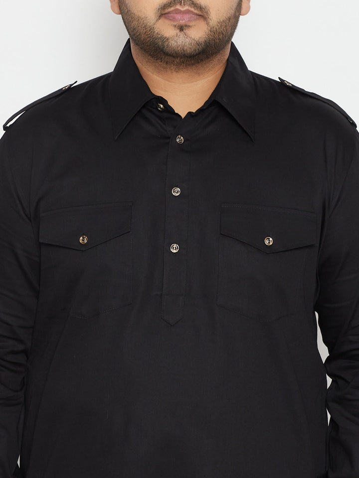 Men's Plus Size Black Cotton Blend Pathani Set