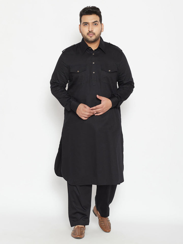 Men's Plus Size Black Cotton Blend Pathani Set