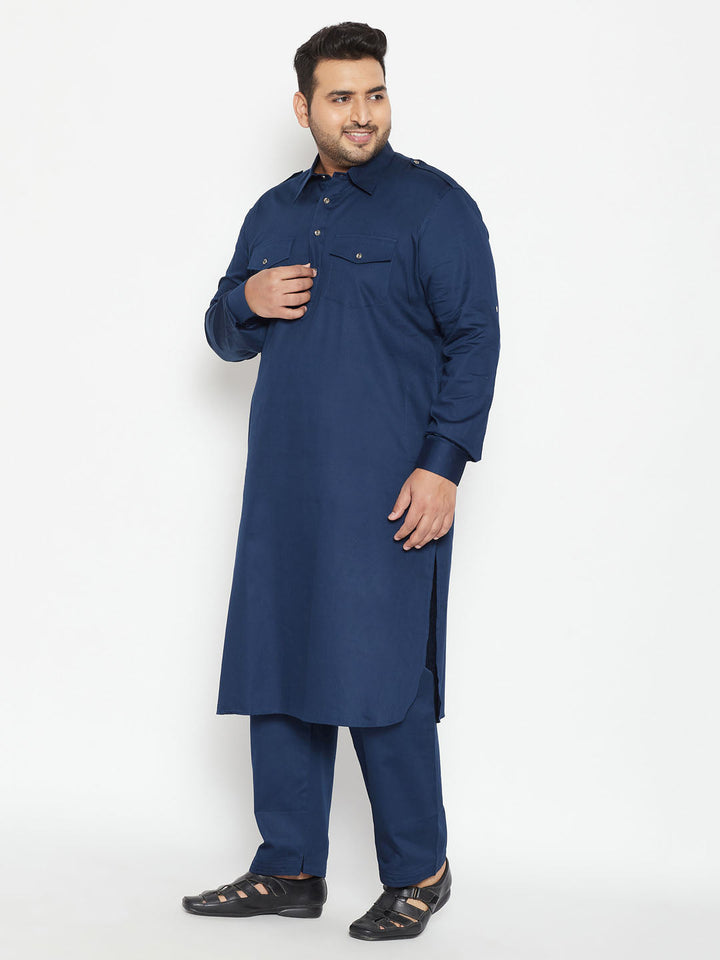 Men's Plus Size Blue Cotton Blend Pathani Set