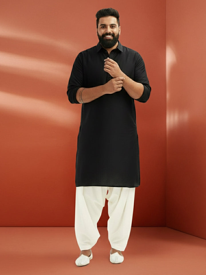 Men's Black Viscose Kurta with White Patiala