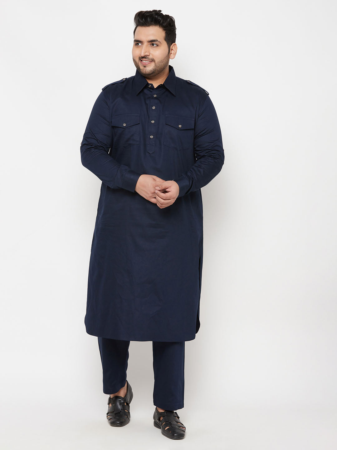 Men's Plus Size Blue Cotton Blend Pathani Kurta