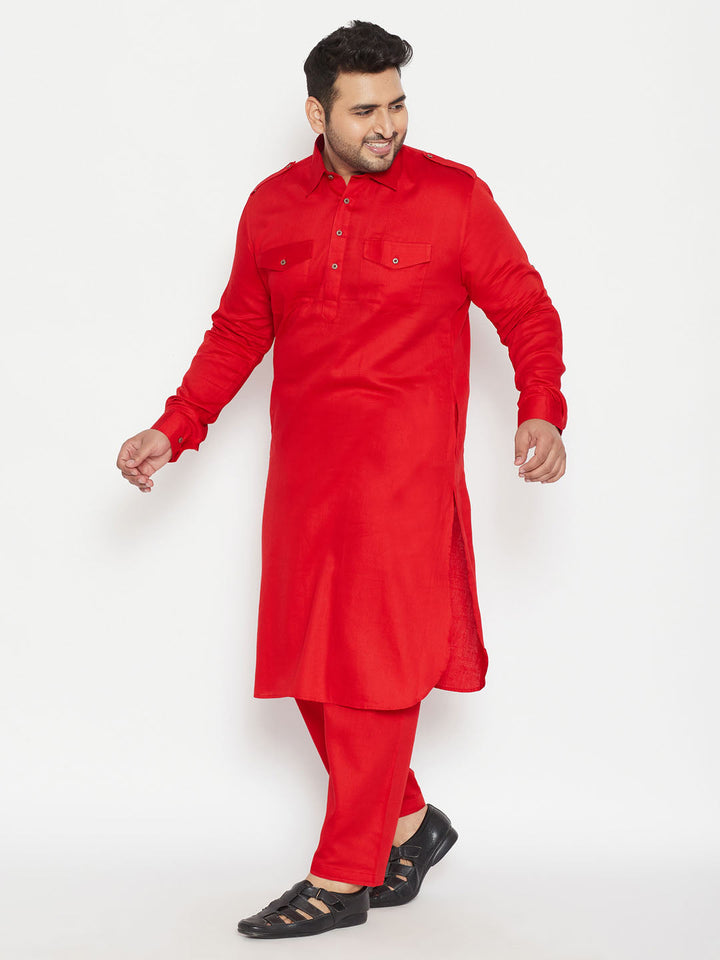Men's Plus Size Red Cotton Blend Pathani Set