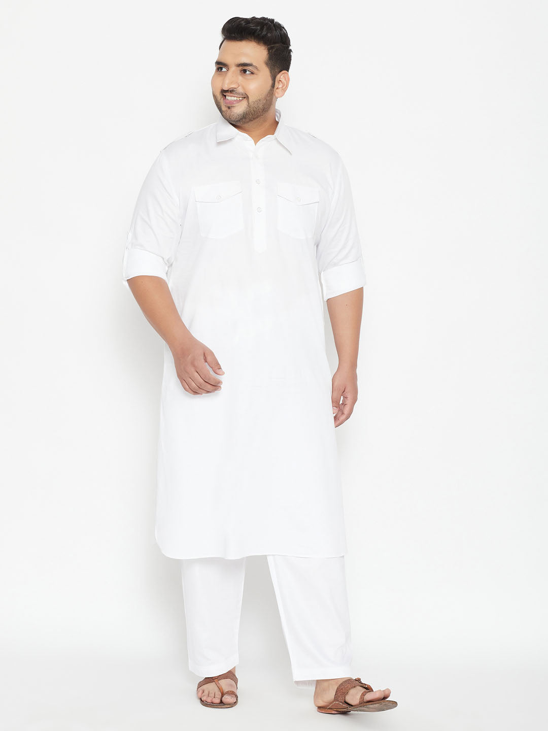 Men's Plus Size White Cotton Blend Pathani Set