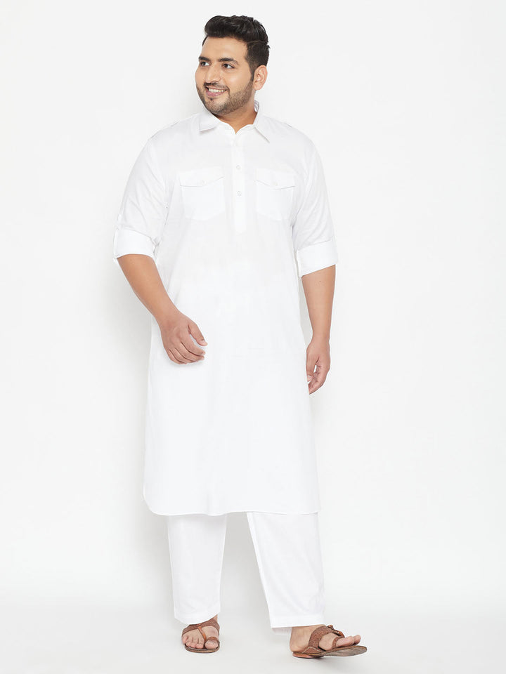 Men's Plus Size White Cotton Blend Pathani Set