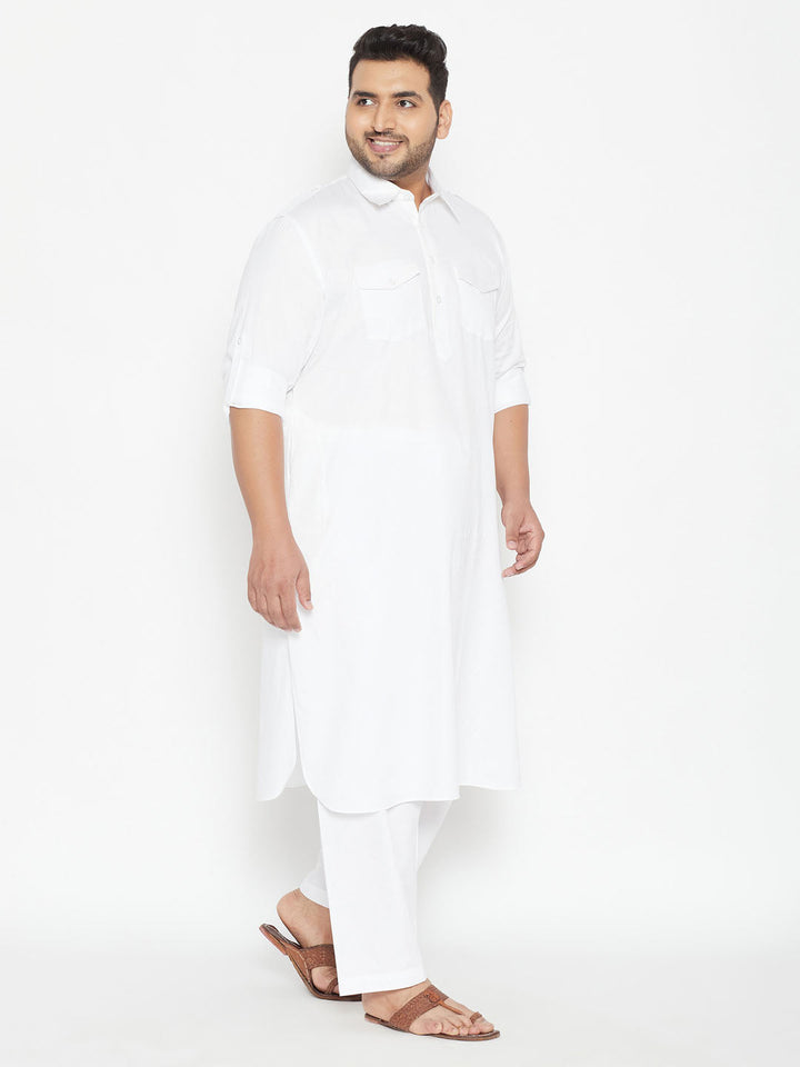 Men's Plus Size White Cotton Blend Pathani Set