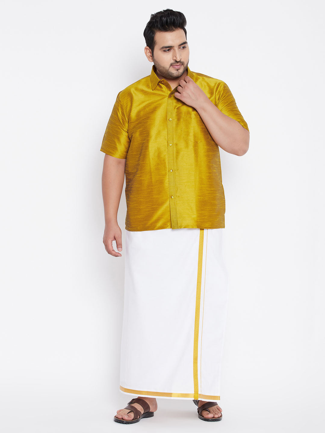 Men's Plus Size Mustard Silk Blend Ethnic Shirt