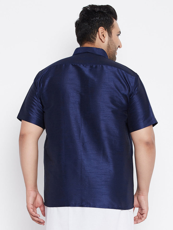 Men's Plus Size Navy Blue Silk Blend Ethnic Shirt
