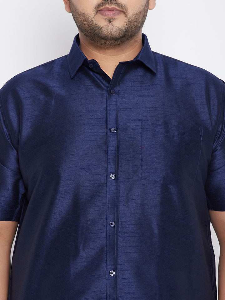 Men's Plus Size Navy Blue Silk Blend Ethnic Shirt