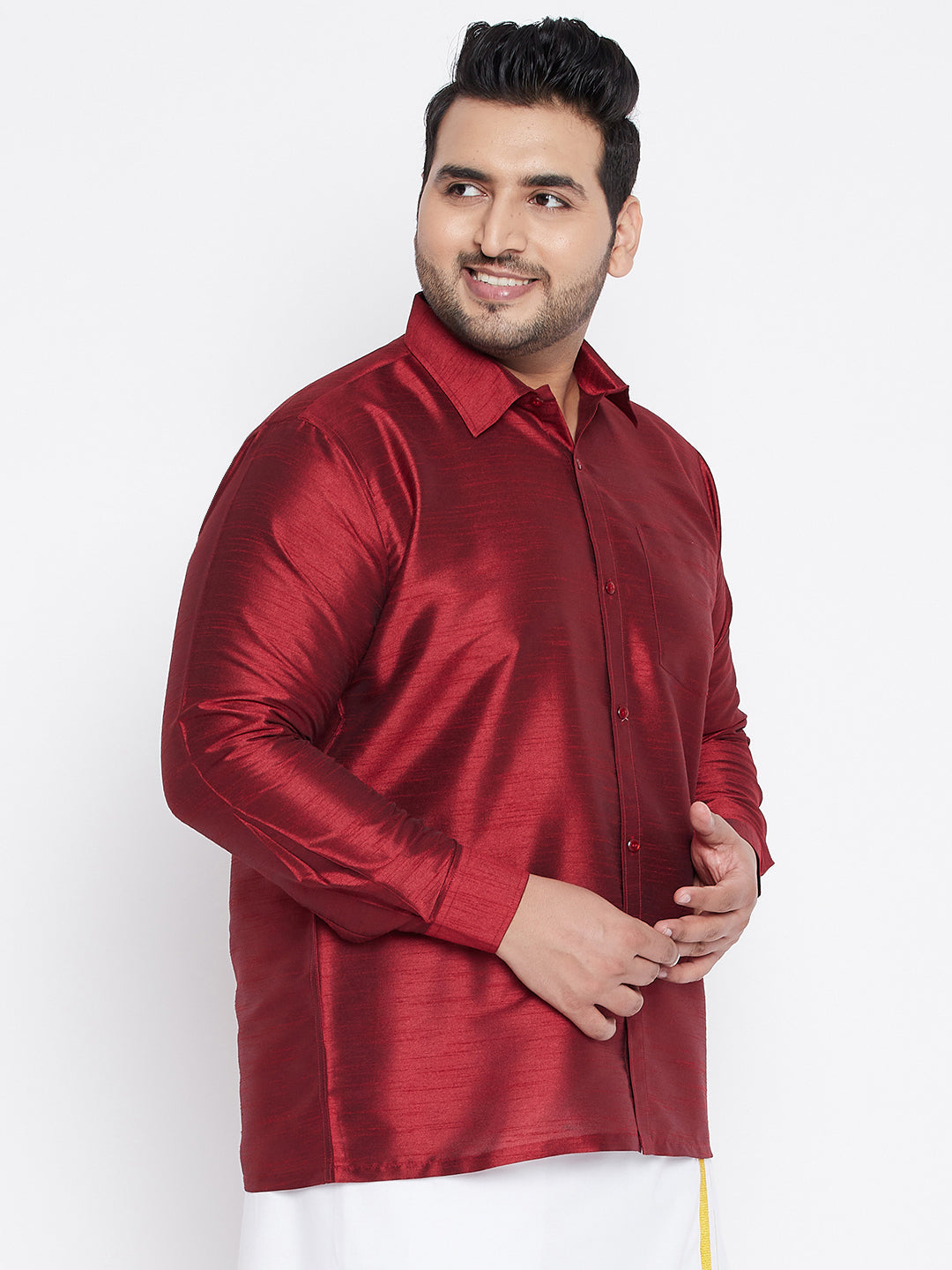 Men's Plus Size Maroon Silk Blend Ethnic Shirt