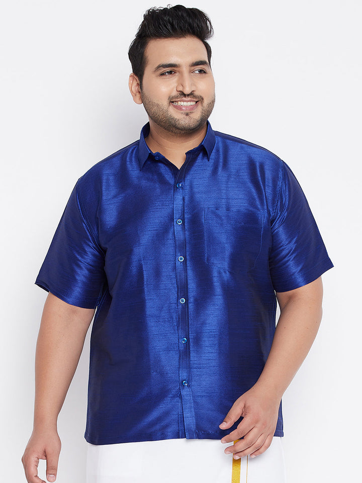 Men's Plus Size Blue Silk Blend Ethnic Shirt
