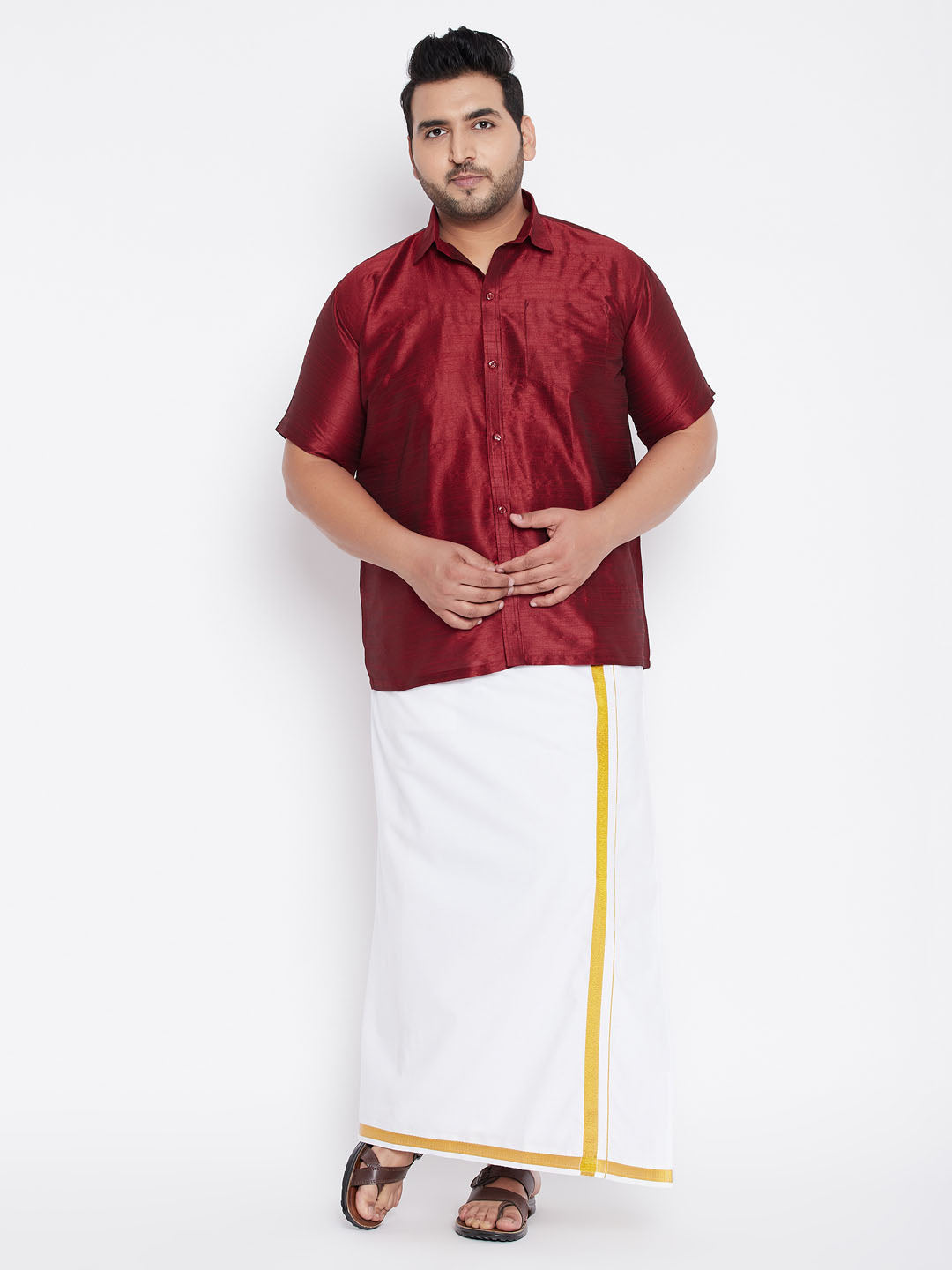 Men's Plus Size Maroon Silk Blend Ethnic Shirt