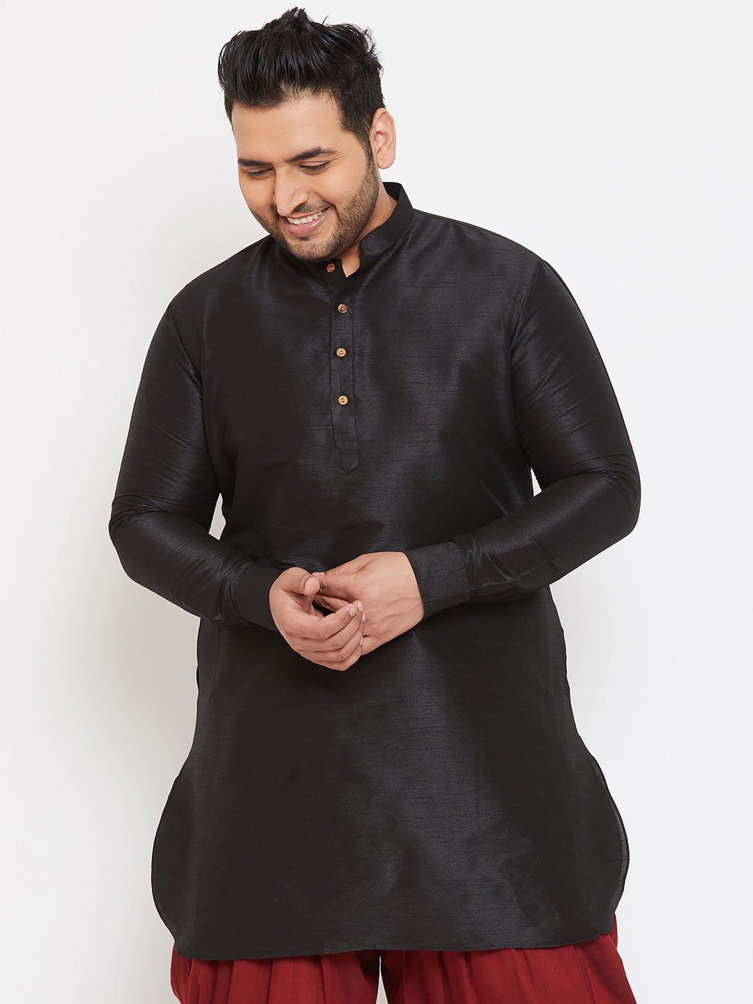 Men's Plus Size Black Silk Blend Curved Kurta