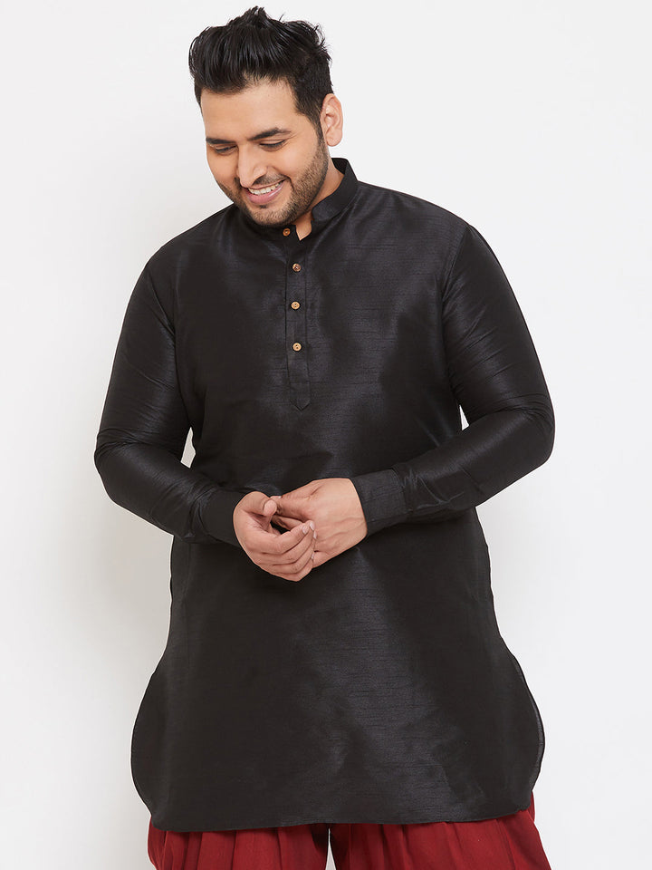 Men's Plus Size Black Silk Blend Curved Kurta