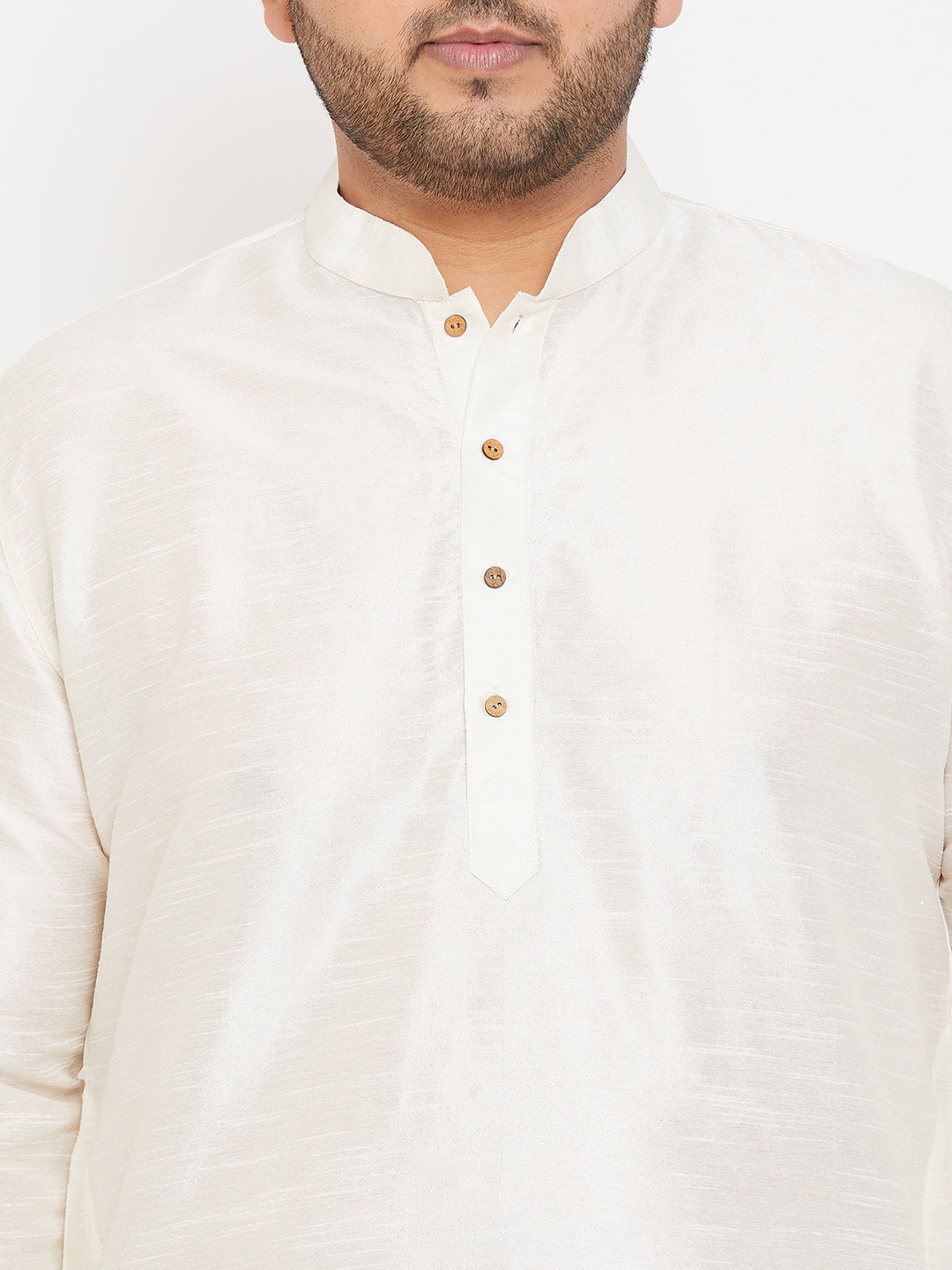 Men's Plus Size Cream Silk Blend Curved Kurta