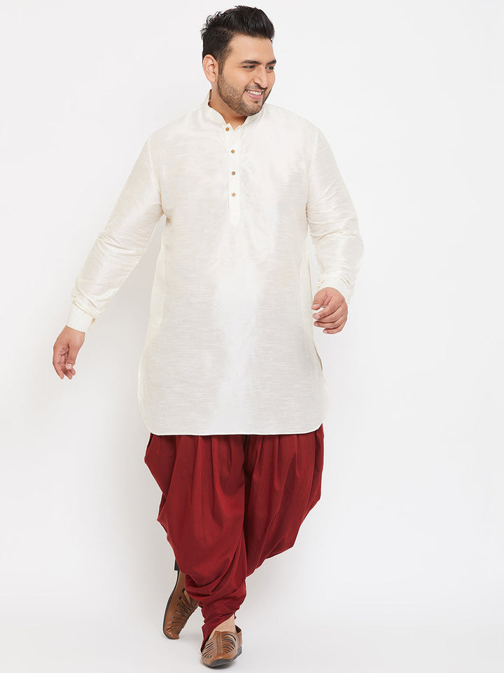 Men's Plus Size Cream Silk Blend Curved Kurta