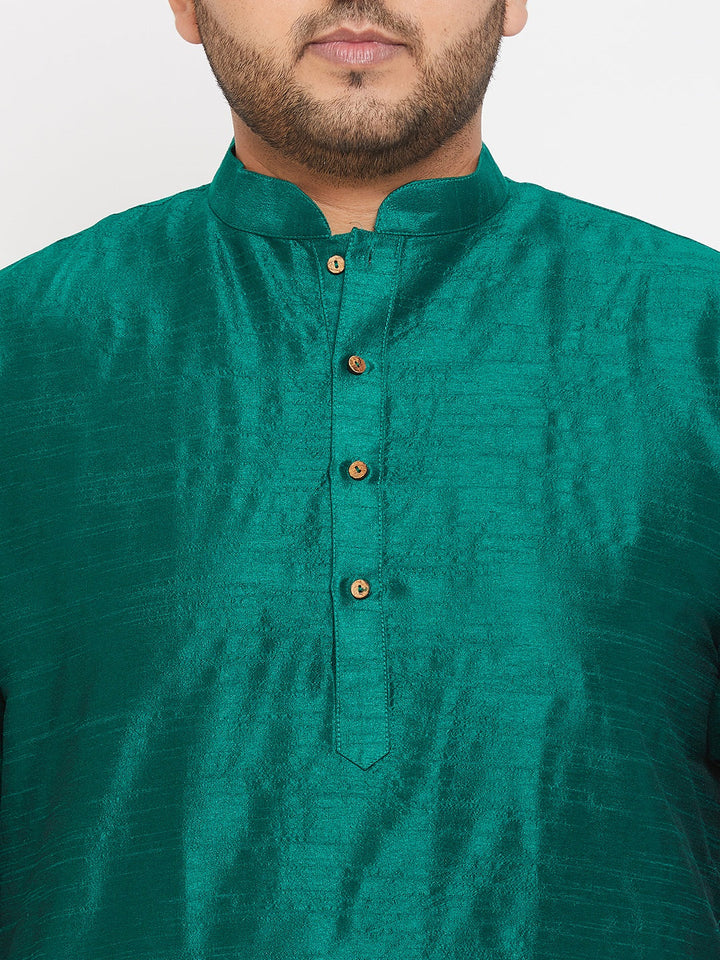 Men's Plus Size Green Silk Blend Curved Kurta Dhoti Set