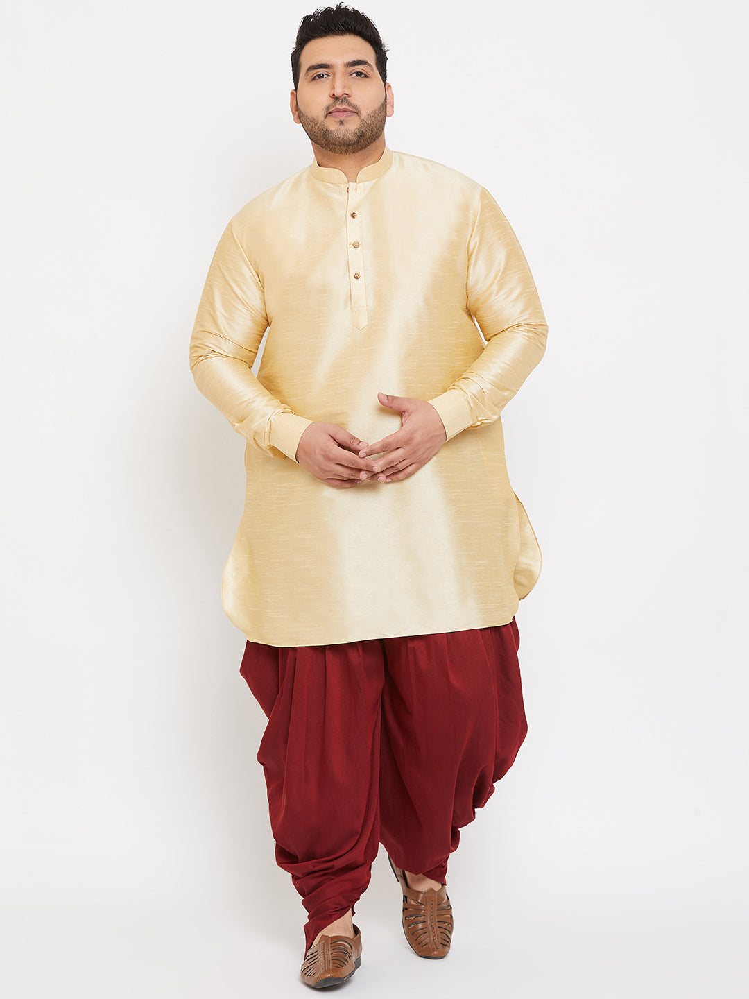 Men's Plus Size Golden Silk Blend Curved Kurta