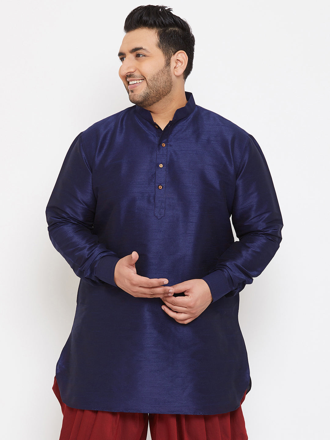Men's Plus Size Navy Blue Silk Blend Curved Kurta
