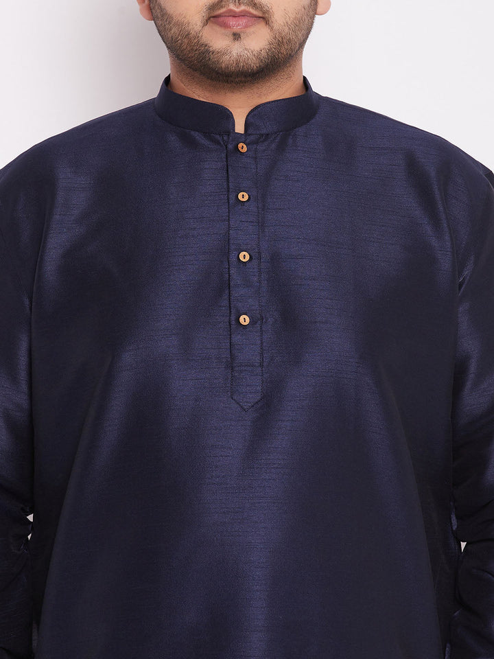 Men's Plus Size Navy Blue Silk Blend Curved Kurta Dhoti Set