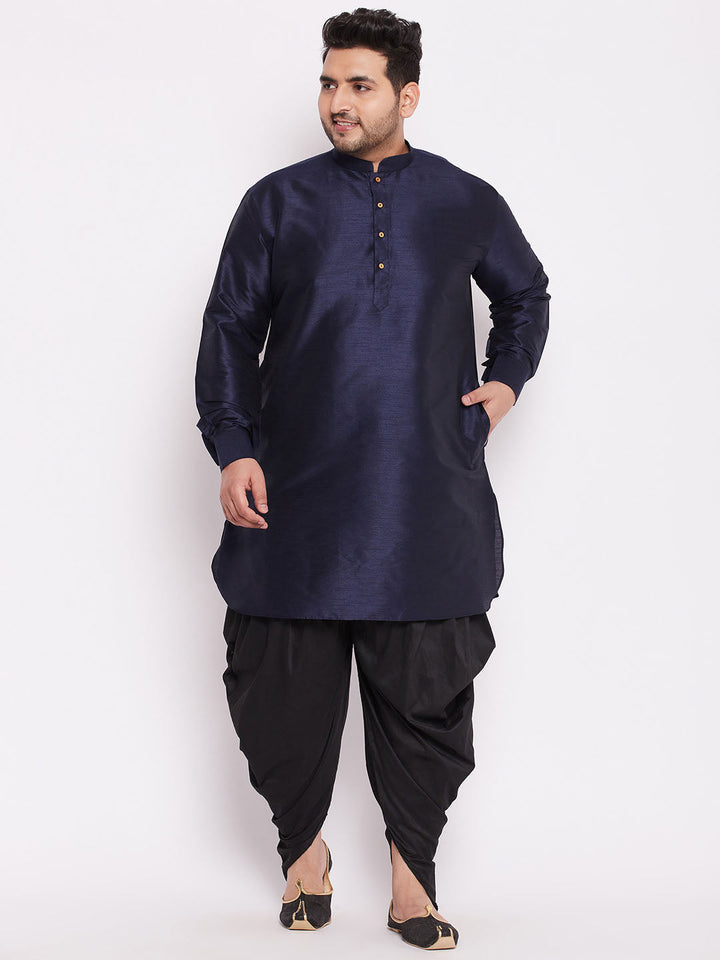 Men's Plus Size Navy Blue Silk Blend Curved Kurta Dhoti Set