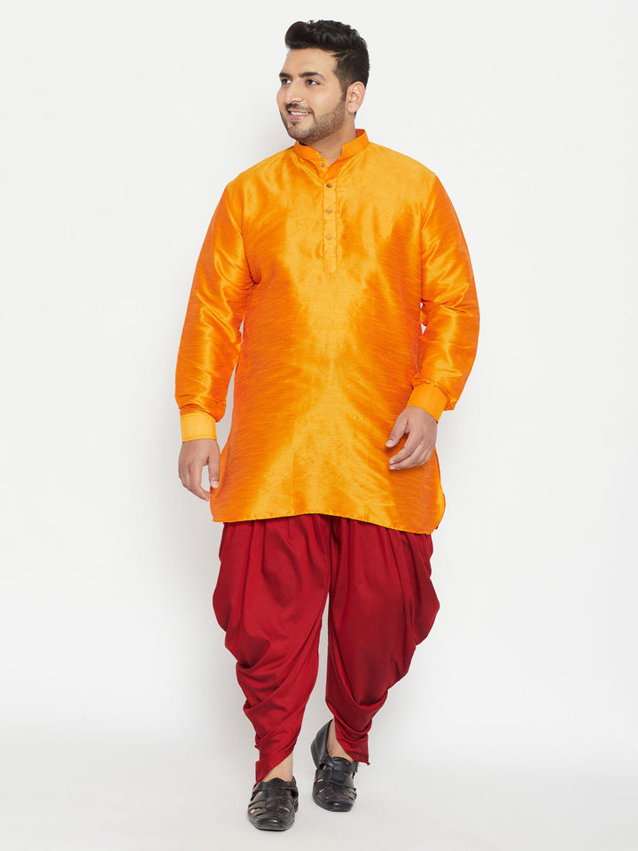 Men's Plus Size Orange Silk Blend Curved Kurta Dhoti Set
