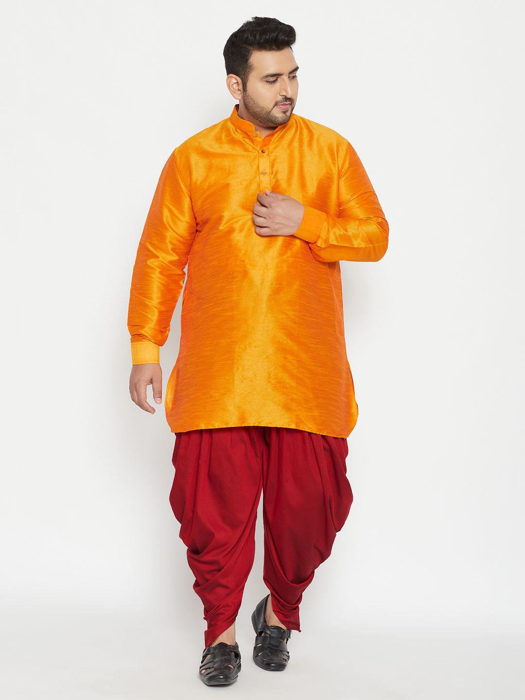 Men's Plus Size Orange Silk Blend Curved Kurta Dhoti Set