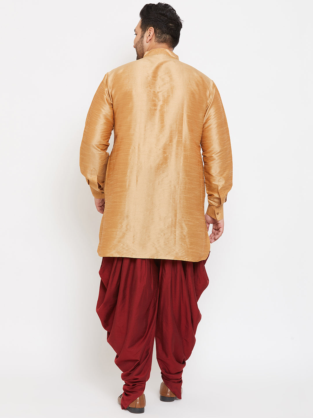 Men's Plus Size Rose Gold Silk Blend Curved Kurta Dhoti Set