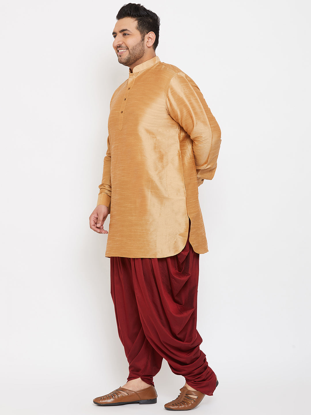 Men's Plus Size Rose Gold Silk Blend Curved Kurta Dhoti Set