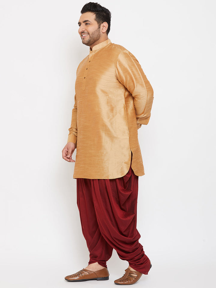 Men's Plus Size Rose Gold Silk Blend Curved Kurta Dhoti Set